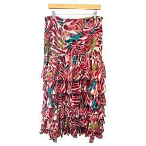 TUNIQUE Abstract Tiered Ruffle Skirt Pink Red Teal Boho Festival Artsy Large